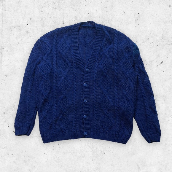 Other - Vtg 80s 90s Cable Knit Cardigan Sweater, Grandpa Dad, 5 Button, Deep Blue, L